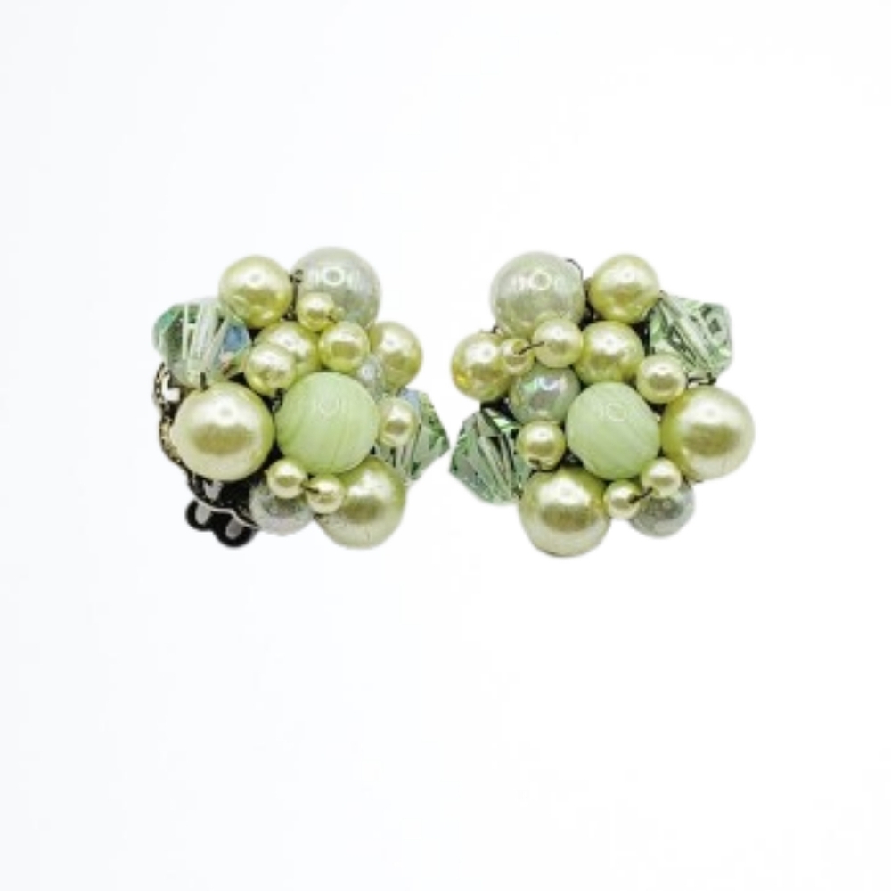 0028 Elegant Lime Green Pearl and Crystal Clip-On Earrings